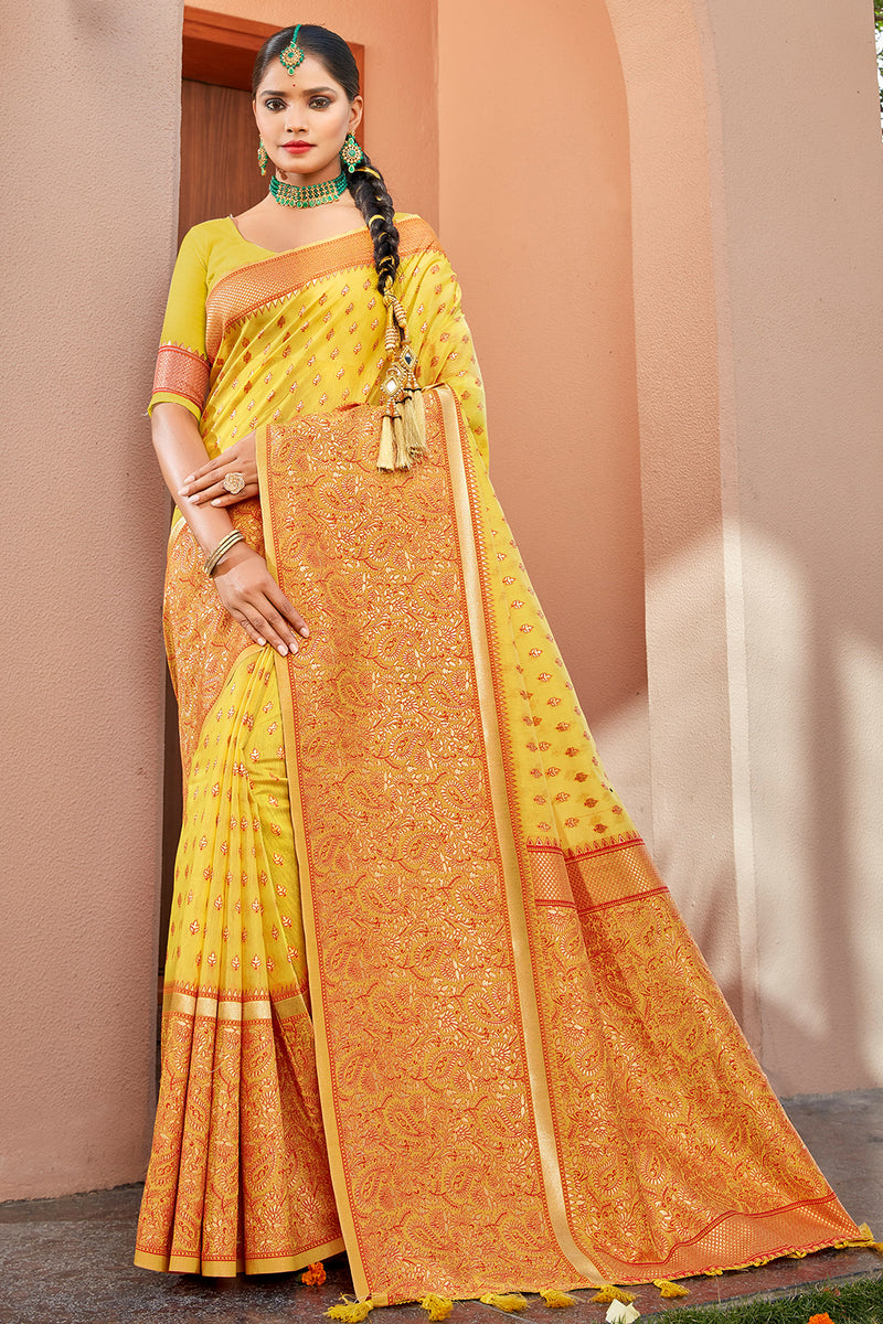 Buy Lemon Yellow Banarasi Saree Online Karagiri