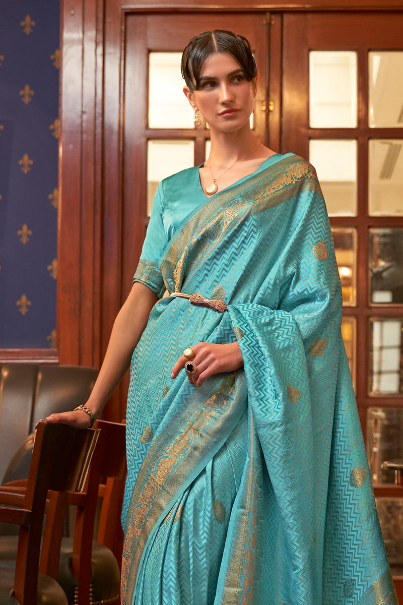 Buy Powder Blue Satin Silk Saree Online Karagiri