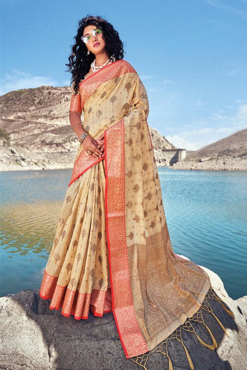 Buy Buff Cream Banarasi Saree Online-Karagiri