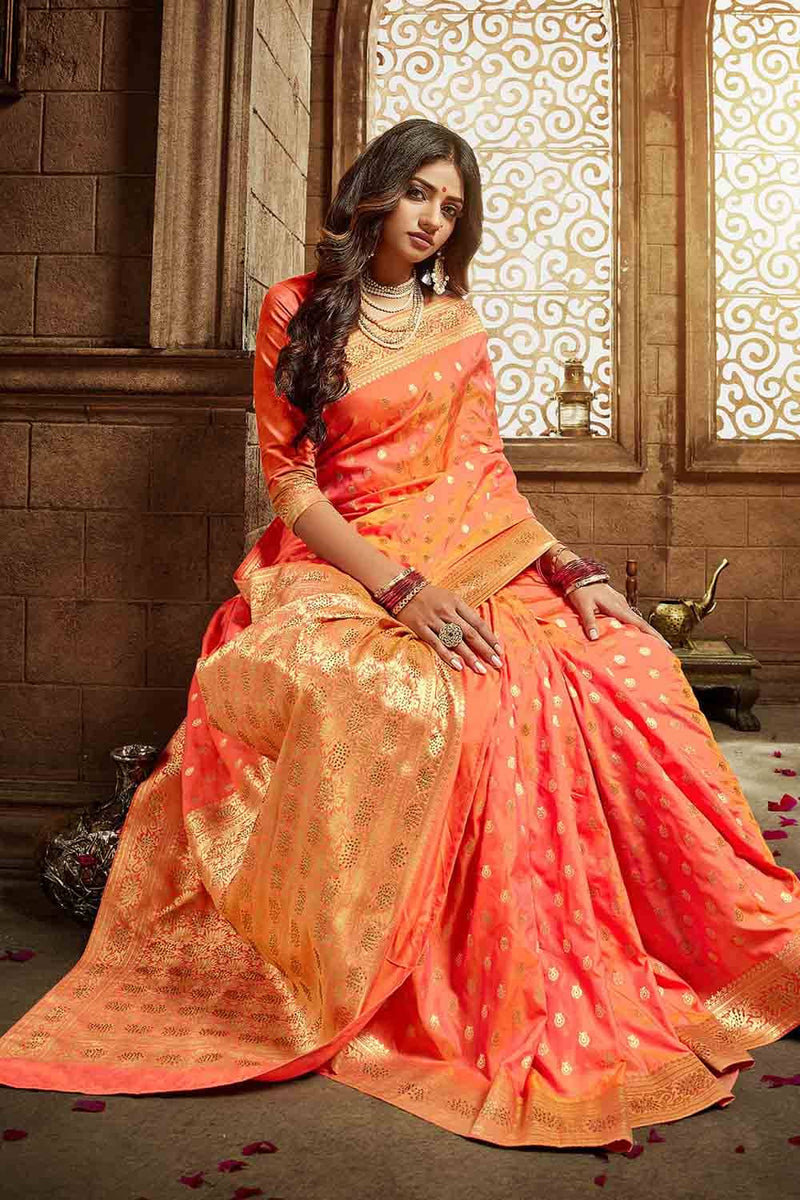 Buy Peach Banarasi Silk Indian Wedding Saree Online - SARV05923