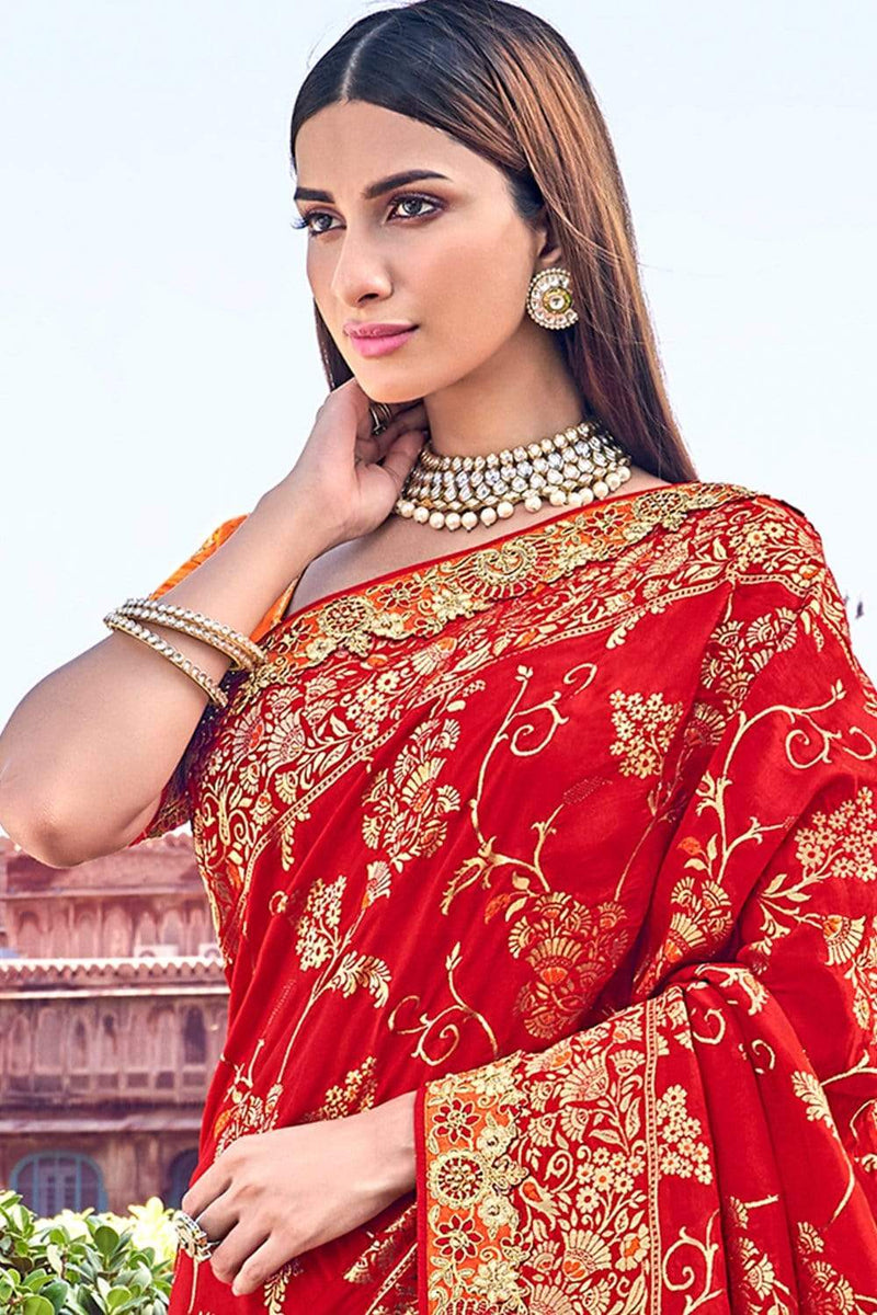 Buy red designer banarasi saree online on Karagiri