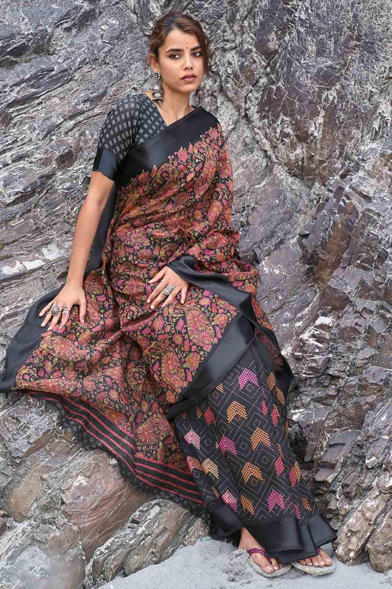 Buy The Beautiful Black Linen Saree Online On Karagiri | SALE