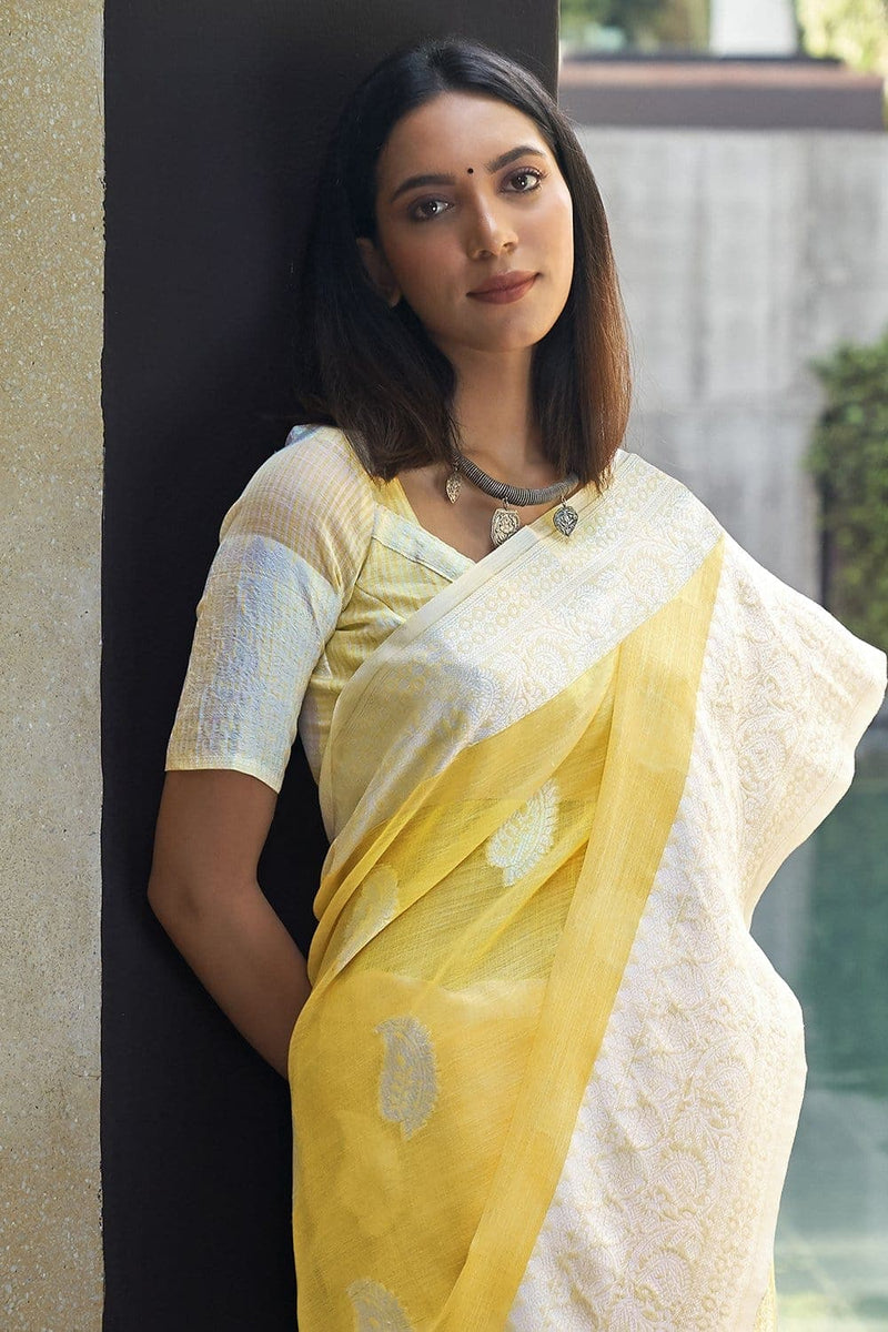 Jasan Yellow colored Linen Designer Saree
