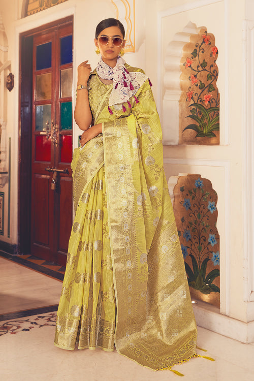 Buy Lemon Yellow Linen Saree Online Karagiri