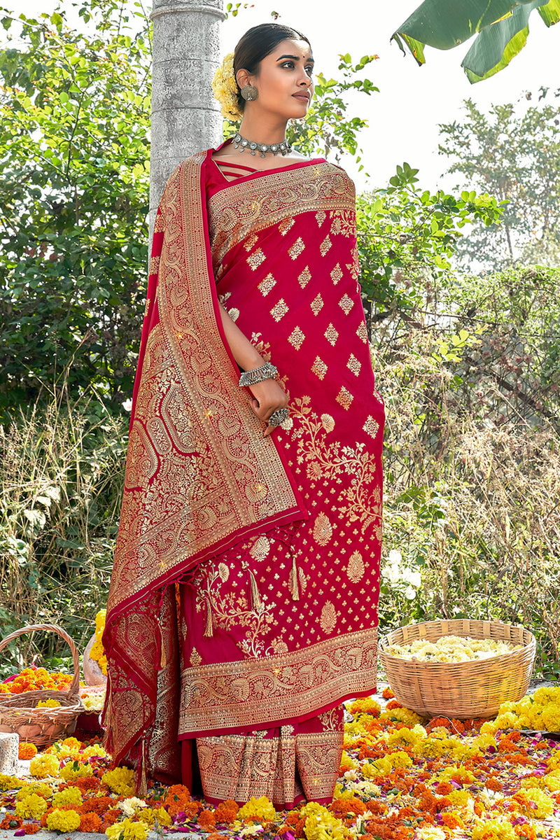Buy Cherry Red Banarasi Silk Saree online-Karagiri