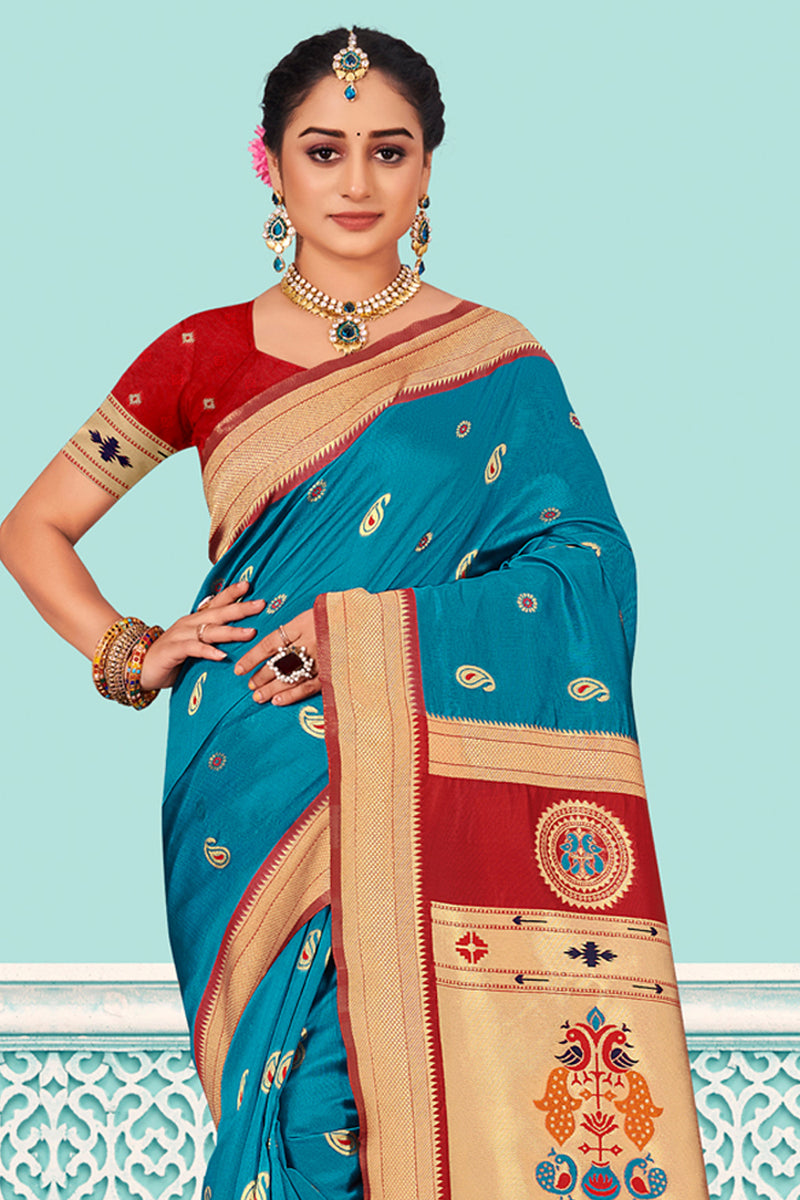 Buy Blue And Red Paithani Silk Saree Online Karagiri