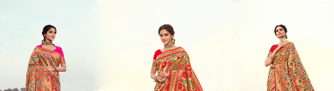 Ashawali Traditional Paithani Cotton Silk Sarees With Contrast Blouse Piece  (Bringle & Red)