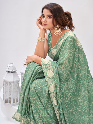 Sea Green Georgette Saree With Blouse Piece