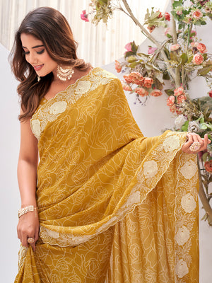 Yellow Georgette Saree With Blouse Piece