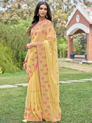 Yellow Georgette silk Saree With Blouse Piece