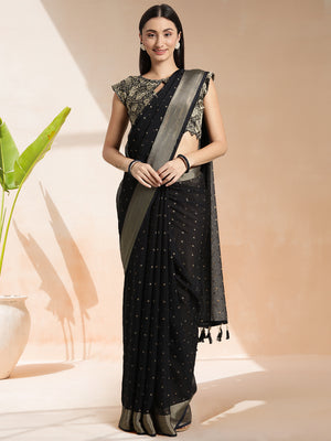 Black Chiffon Ready To Wear Saree With Blouse Piece