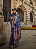 Blue Silk Blend Saree With Blouse Piece