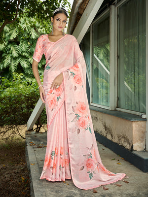 Pink Poly Chiffon Daily Wear Saree With Blouse Piece