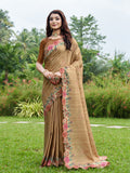 Beige Silk Blend Festive Saree With Blouse Piece