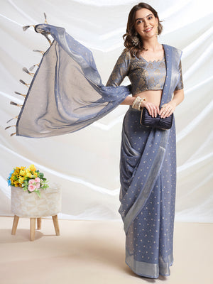 Grey Chiffon Ready To Wear Saree With Blouse Piece