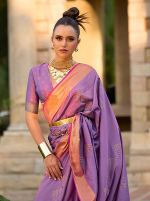 Lavender Banarasi Silk Saree With Blouse Piece