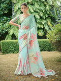 Firozi Poly Chiffon Daily Wear Saree With Blouse Piece