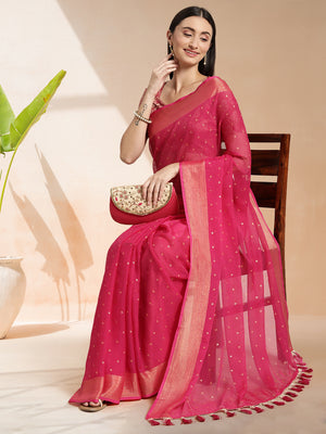 Fuchsia Chiffon Ready To Wear Saree With Blouse Piece