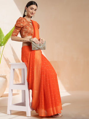 Orange Chiffon Ready To Wear Saree With Blouse Piece