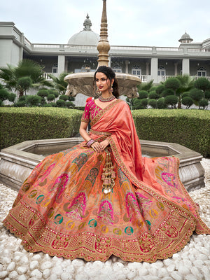 Orange & Pink Banarasi Silk Semi Stitched Lehenga