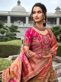 Orange & Pink Banarasi Silk Semi Stitched Lehenga