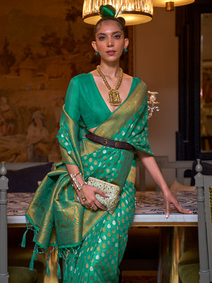 Green Khadi Copper Zari Saree With Blouse Piece