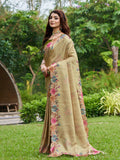 Cream Silk Blend Festive Saree With Blouse Piece