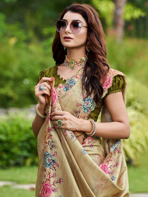 Cream Silk Blend Festive Saree With Blouse Piece