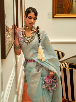 Cyan Kashmiri Modal Saree With Blouse Piece