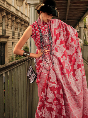 Red Organza Chickankari Saree With Blouse Piece