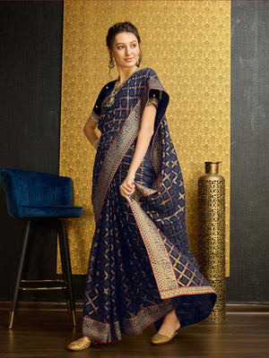 Navy Blue Georgette Daily Wear Saree With Blouse Piece