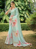 Firozi Poly Chiffon Daily Wear Saree With Blouse Piece