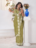 Fluorescent Green Georgette Saree With Blouse Piece