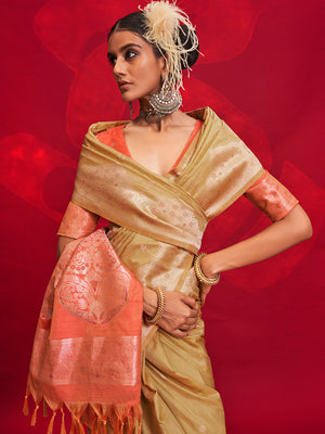 Golden Tussar Silk Saree With Blouse Piece