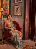 Grey Tussar Silk Blend Saree With Blouse Piece