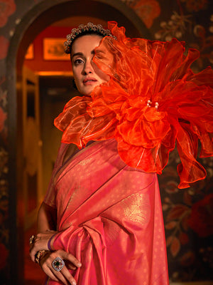 Orange Silk Blend Saree With Blouse Piece