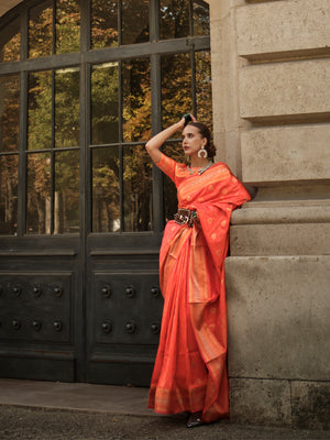 Orange Silk Blend Saree With Blouse Piece