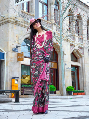 Pink Satin Crepe Saree With Blouse Piece