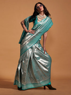 Teal Kanjivaram Silk Saree With Blouse Piece