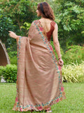 Peach Silk Blend Festive Saree With Blouse Piece