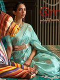 Cyan Satin Saree With Blouse Piece