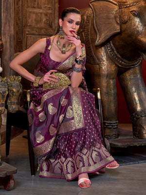 Purple Satin Saree With Blouse Piece