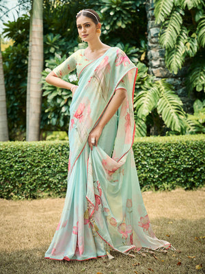 Firozi Poly Chiffon Daily Wear Saree With Blouse Piece