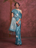 Blue Banarasi Satin Saree With Blouse Piece