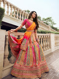 Multicolor & Pink Banarasi Silk Lehenga Choli