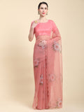 Peach Digital Printed Organza Saree With Satin Pink Blouse Piece