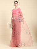 Peach Digital Printed Organza Saree With Satin Pink Blouse Piece