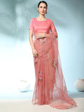 Peach Digital Printed Organza Saree With Satin Pink Blouse Piece