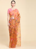 Orange Digital Printed Organza Saree With Satin Pink Blouse Piece