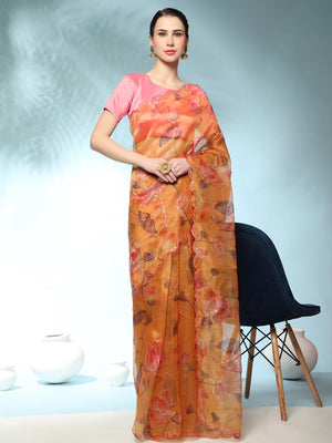 Orange Digital Printed Organza Saree With Satin Pink Blouse Piece